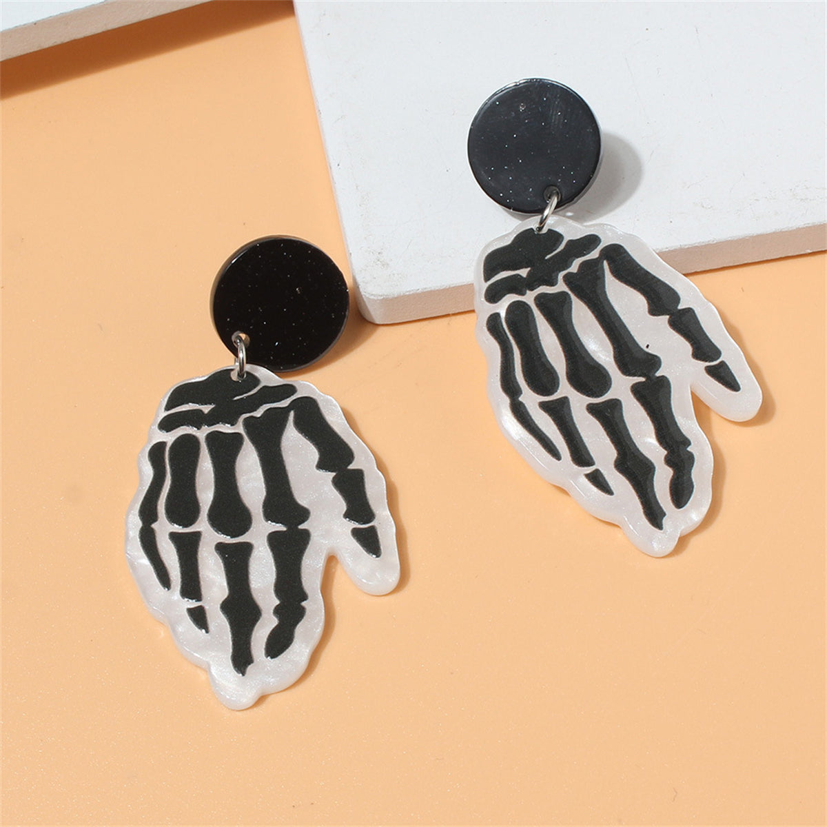 Black Acrylic and Silver-Plated Skeleton Hands Drop Earrings, silver drop earrings for women, detail close-up