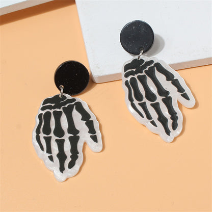 Black Acrylic and Silver-Plated Skeleton Hands Drop Earrings, silver drop earrings for women, detail close-up
