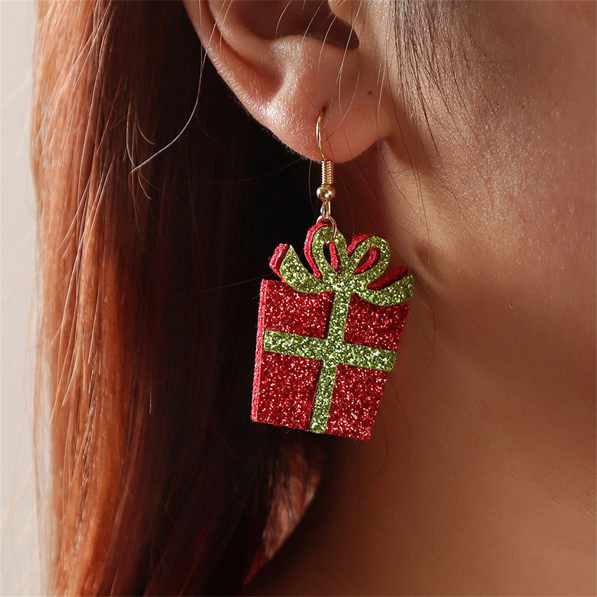Red and Gift Green Glitter Box Drop Earrings, drop earrings for women, botanical inspired, front view