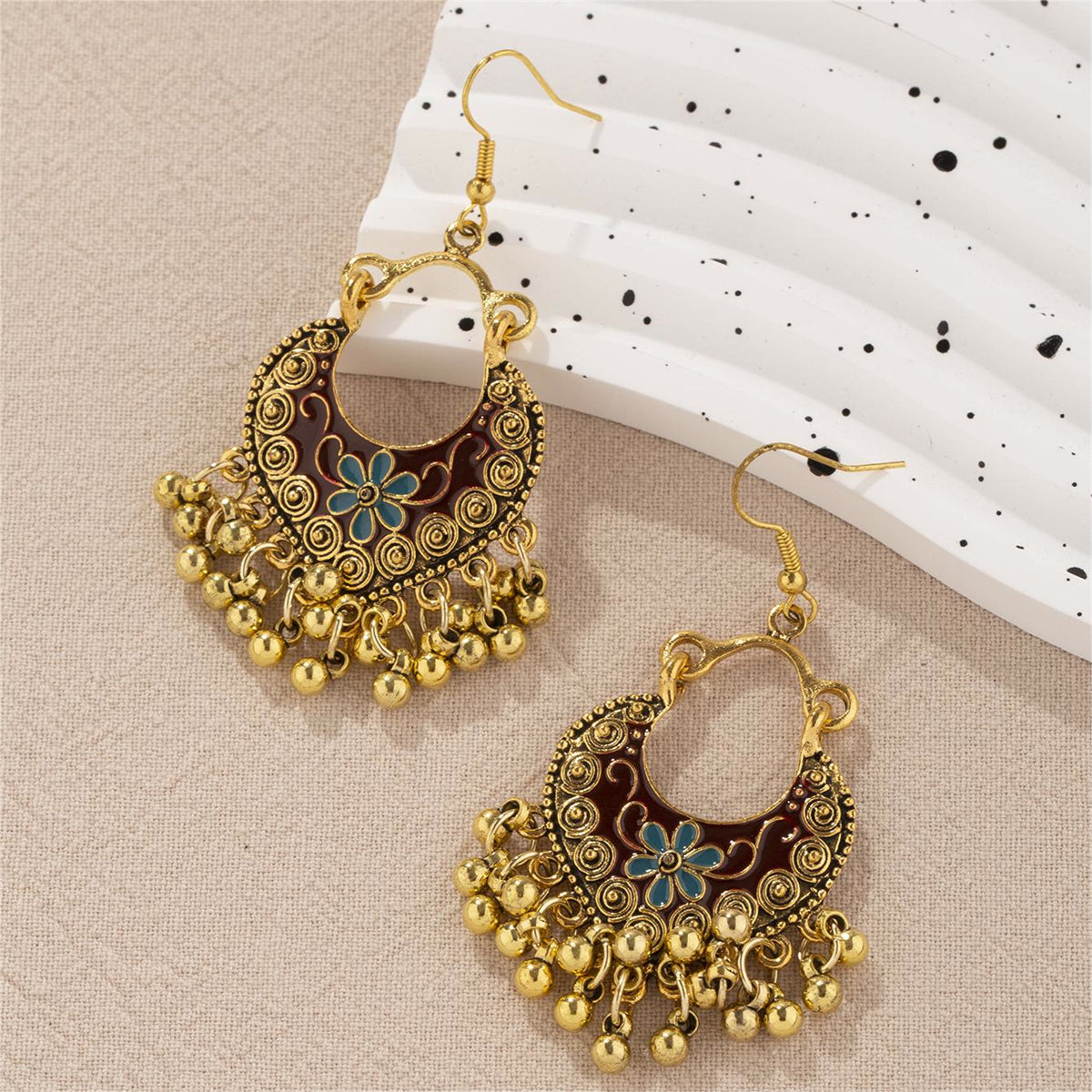 Black Enamel and 18K Gold Plated Ball-Detail Flower Drop Earrings, gold drop earrings for women, side view