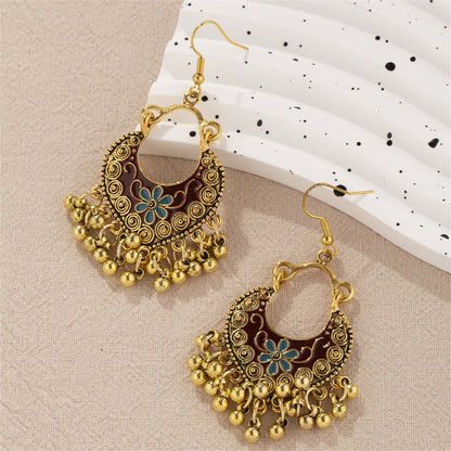Black Enamel and 18K Gold Plated Ball-Detail Flower Drop Earrings, gold drop earrings for women, side view