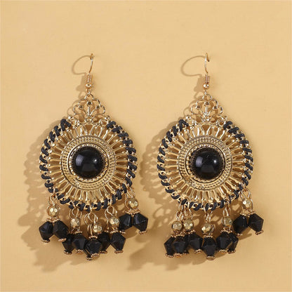 Black Acrylic and Enamel 18K Gold-Plated Openwork Round Drop Earrings, gold drop earrings for women, side view