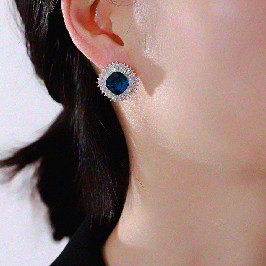 Blue Crystal and Cubic Zirconia Square Hola Stud Earrings, stud earrings for women, everyday style, lifestyle look