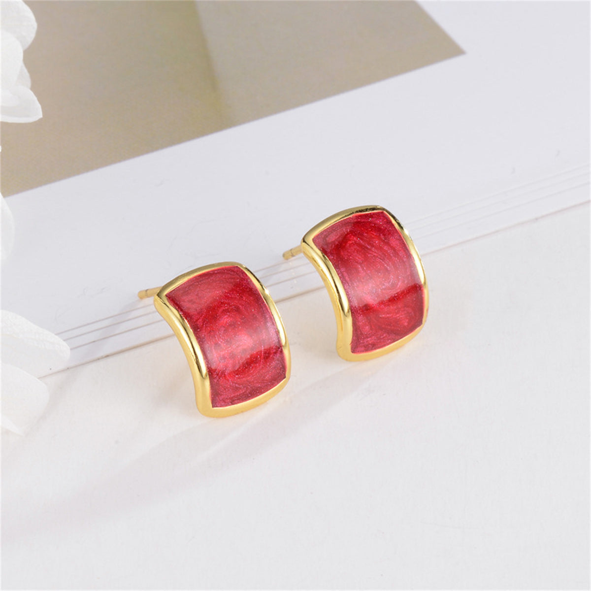 Red Enamel and 18K Gold-Plated Curved Face Stud Earrings, gold stud earrings for women, dainty minimalist design, side view