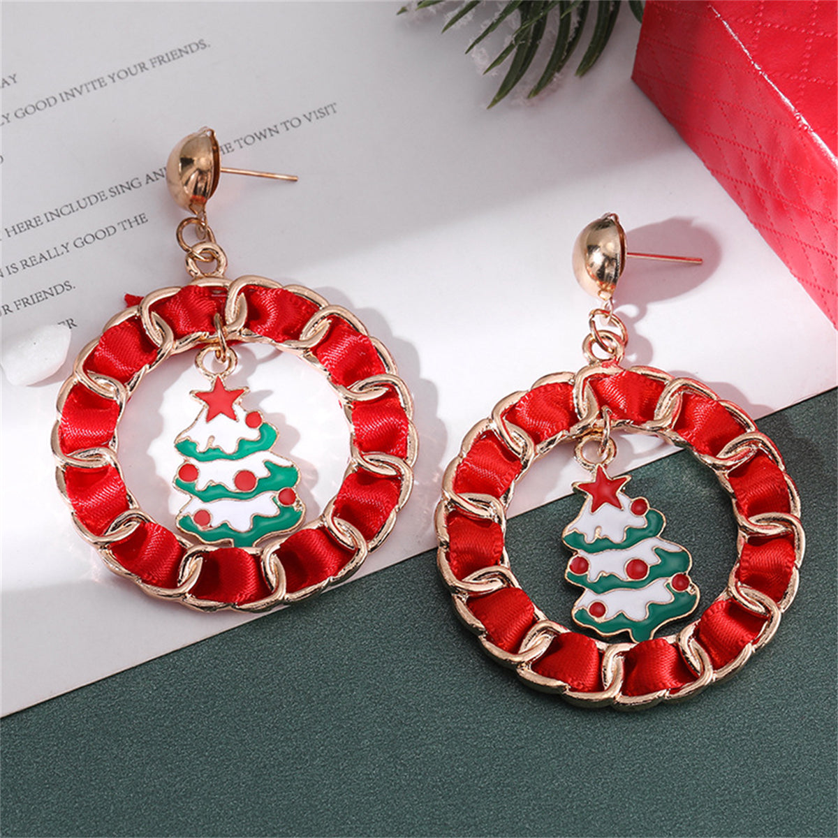 Red Enamel and Polyster 18K Gold-Plated Christmas Tree Curb Chain Circle Drop Earrings, gold drop..., detail close-up