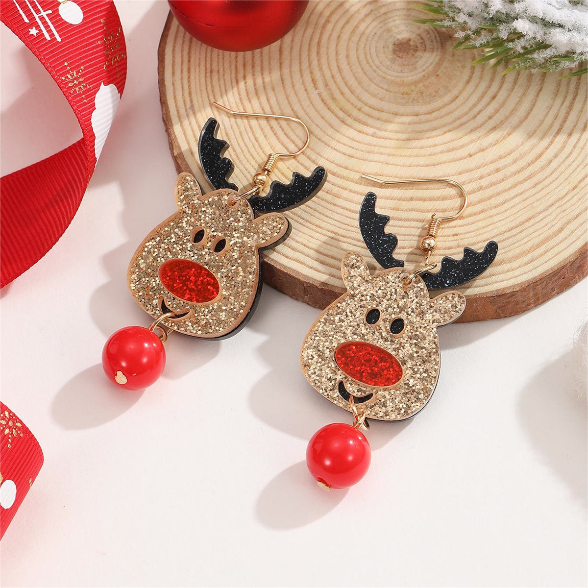 Brown & Red Glitter Reindeer Drop Earrings