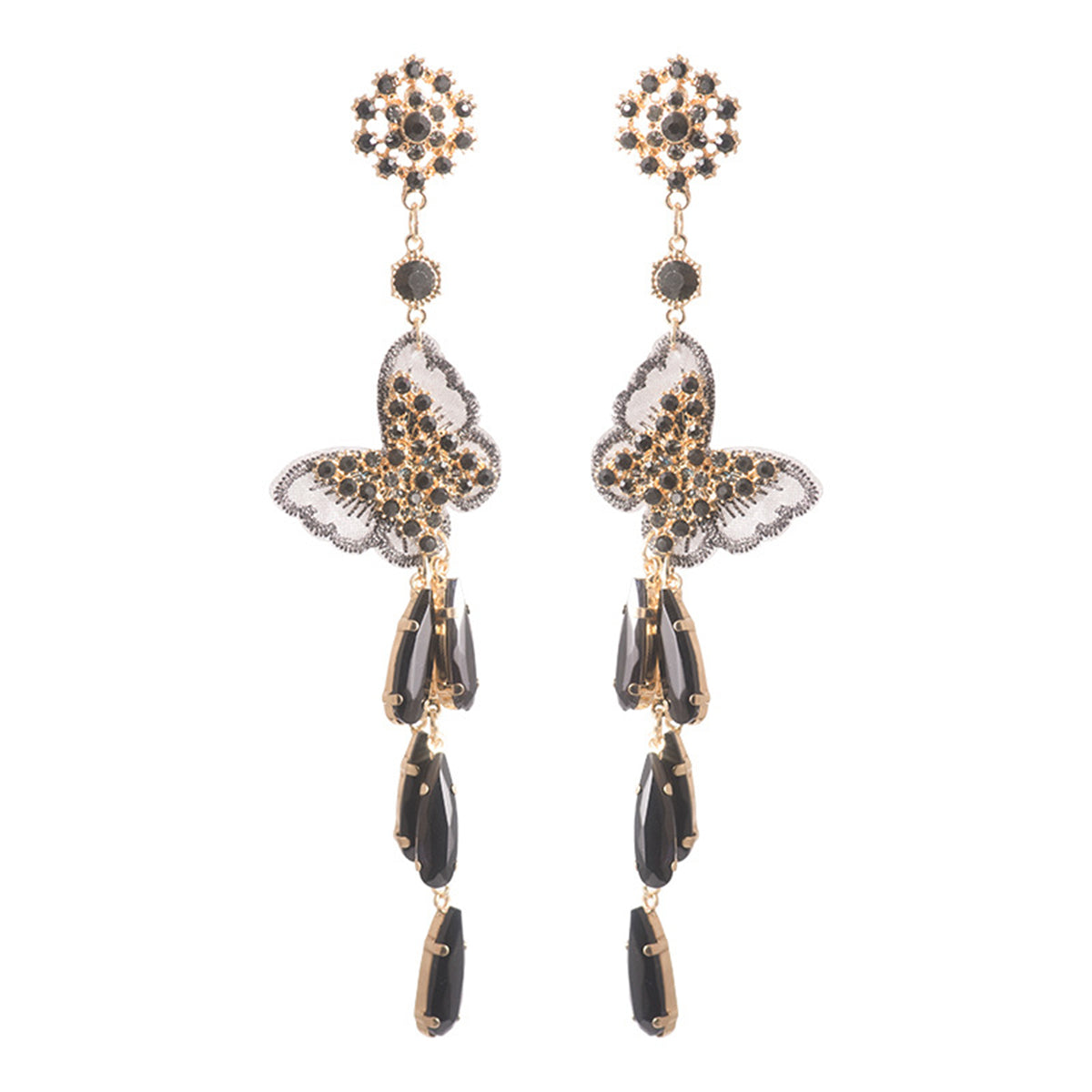 Black Cubic Zirconia & Black Crystal Butterfly Tassel Drop Earrings