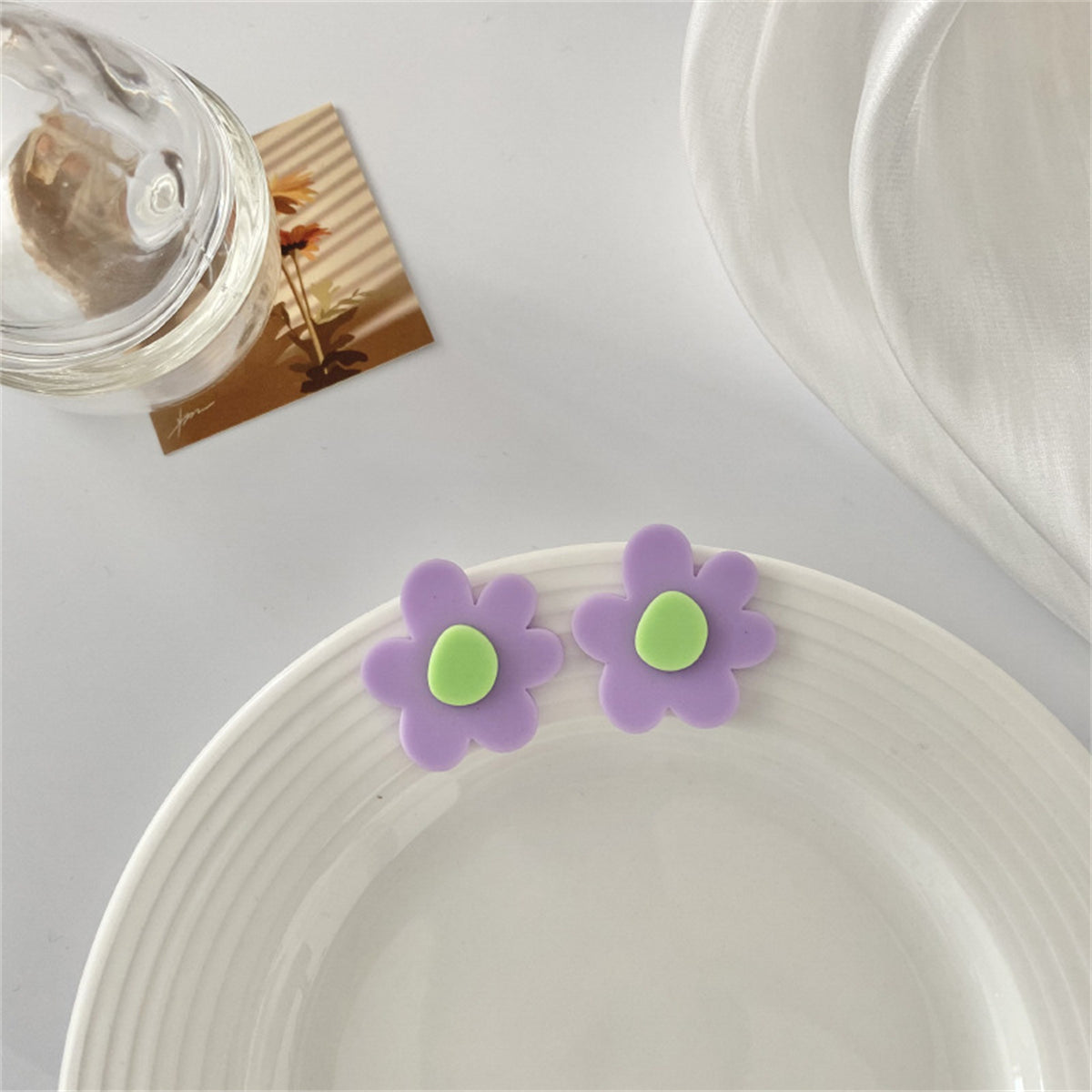 Lavender and Green Floral Stud Earrings, stud earrings for women, everyday style, side view