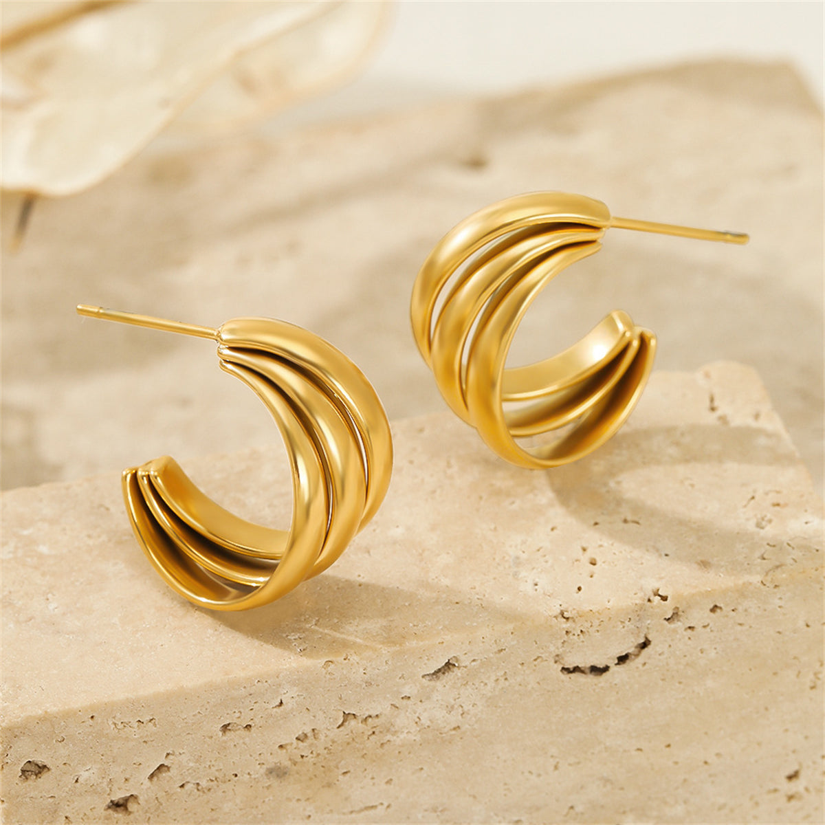 18K Gold-Plated Stacked Hoop Huggie Earrings, gold huggie earrings, dainty minimalist design, front view