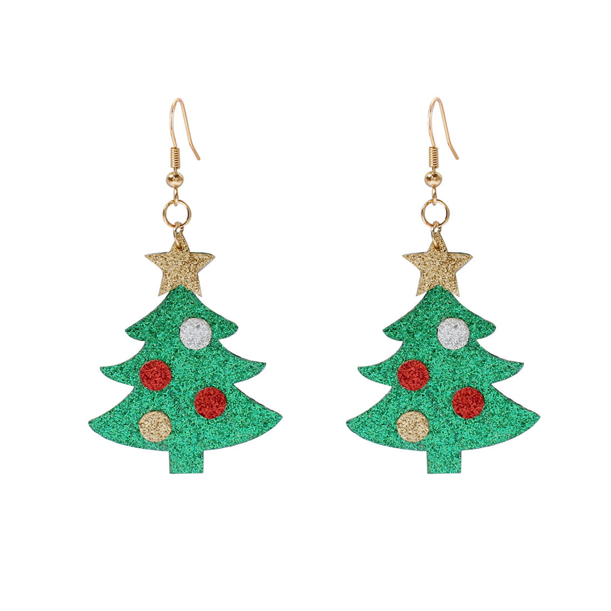 Green & 18K Gold-Plated Glitter Christmas Tree Drop Earrings