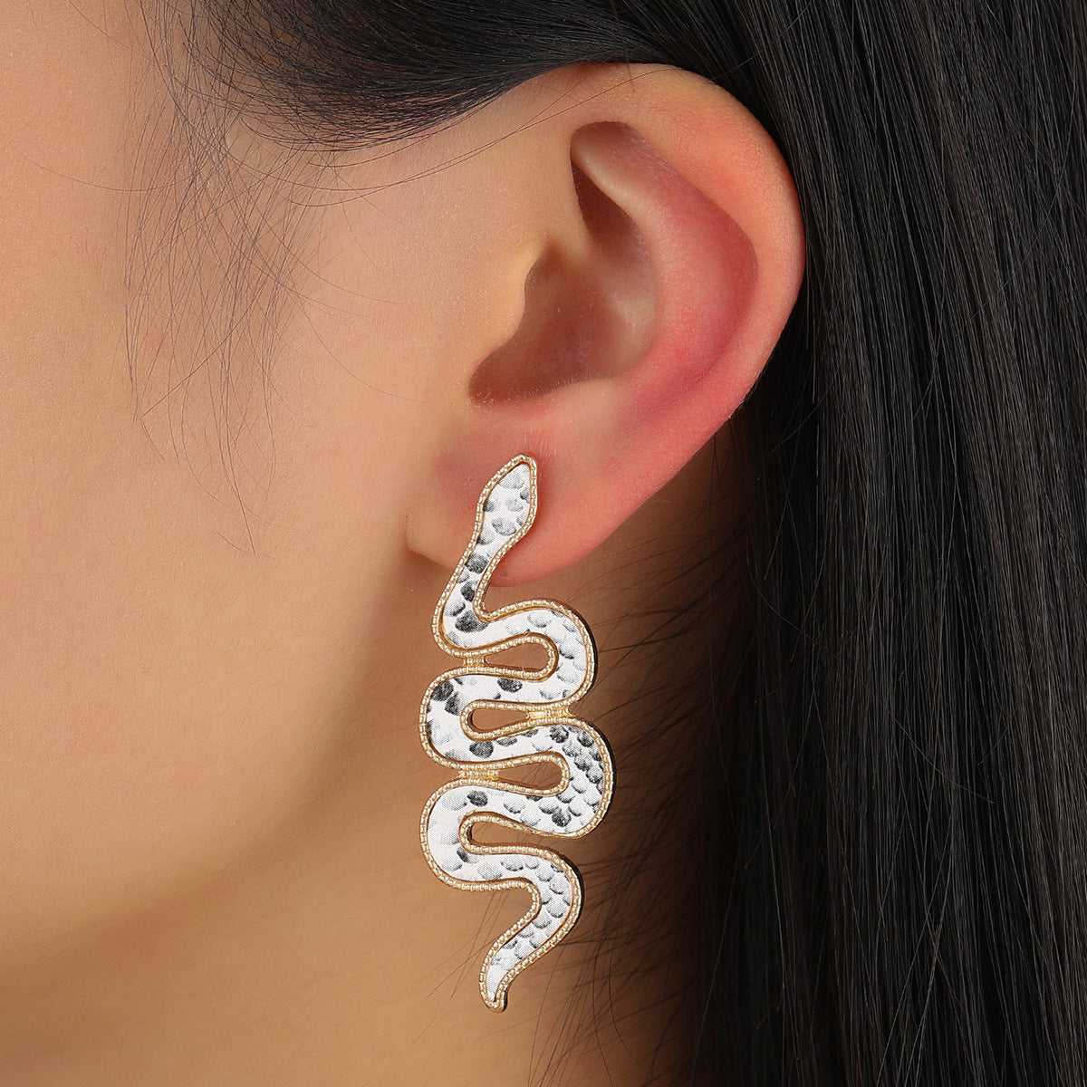Black Polyurethane and 18K Gold-Plated Snake Drop Earrings, gold stud earrings for women, lifestyle look
