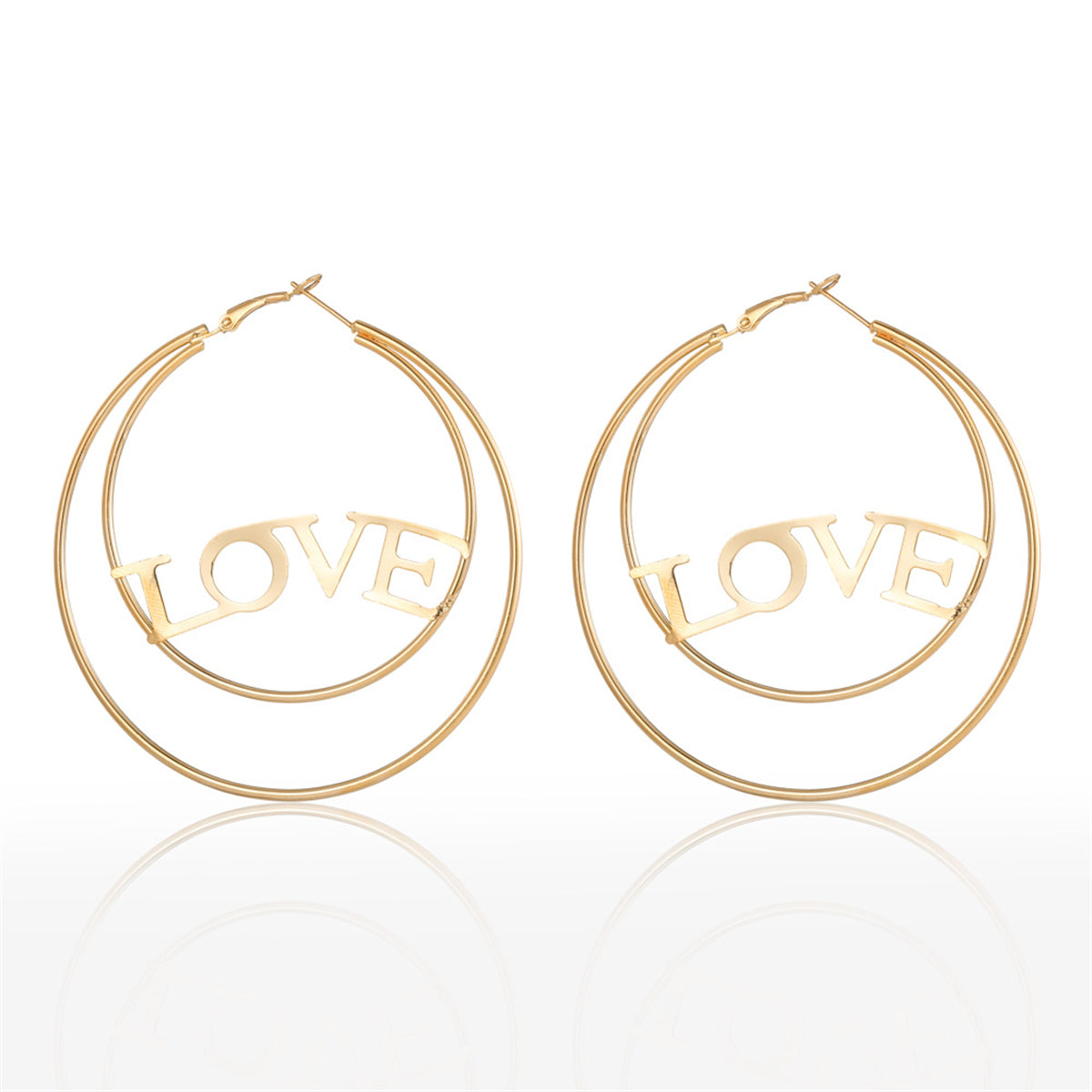 Stunning 18K gold-plated layered circle hoop earrings with a charming 'Love' motif, ideal for any romantic occasion.