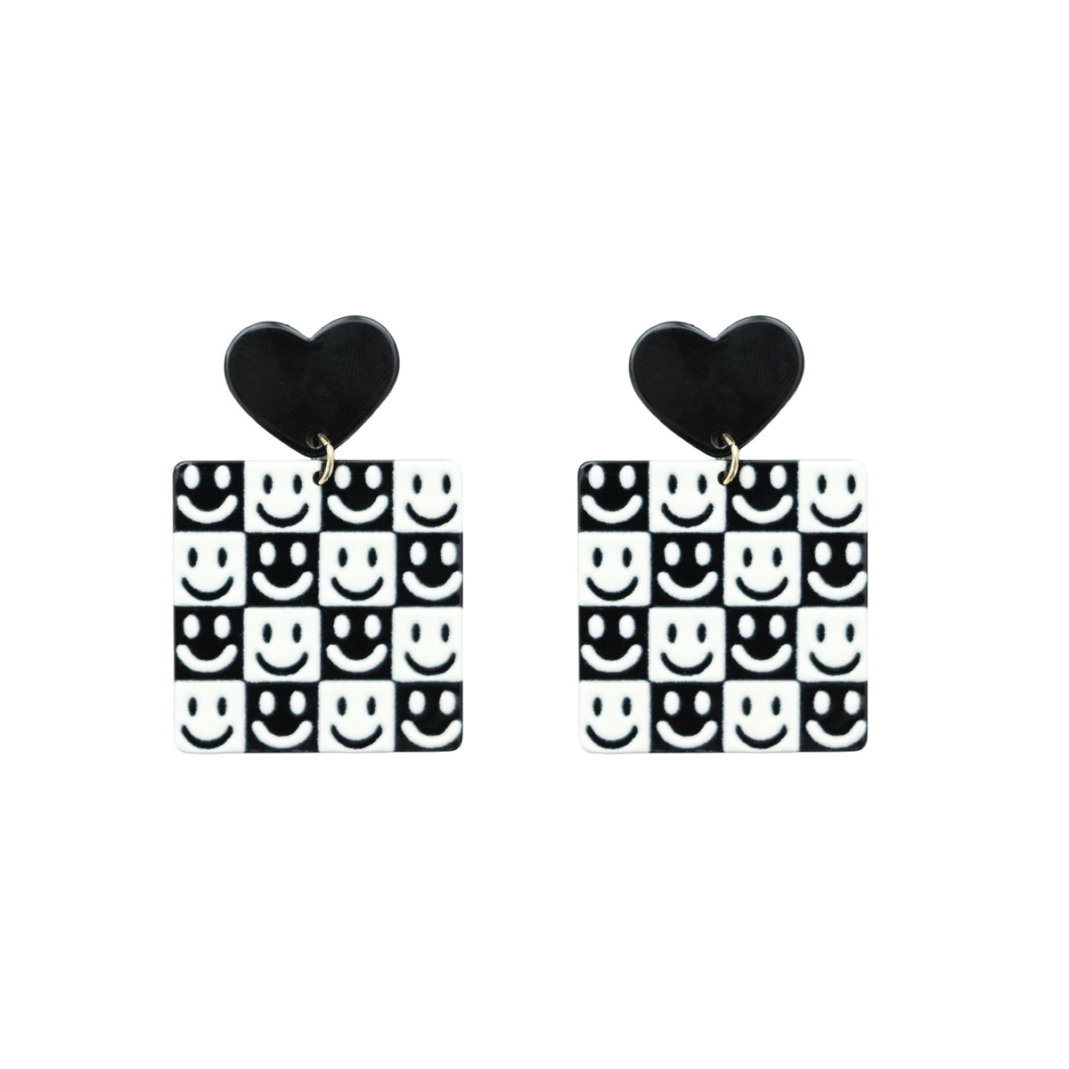 Black & White Heart Smiley Square Drop Earrings