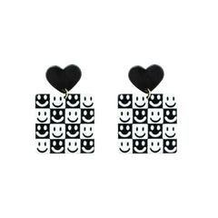 Black & White Heart Smiley Square Drop Earrings