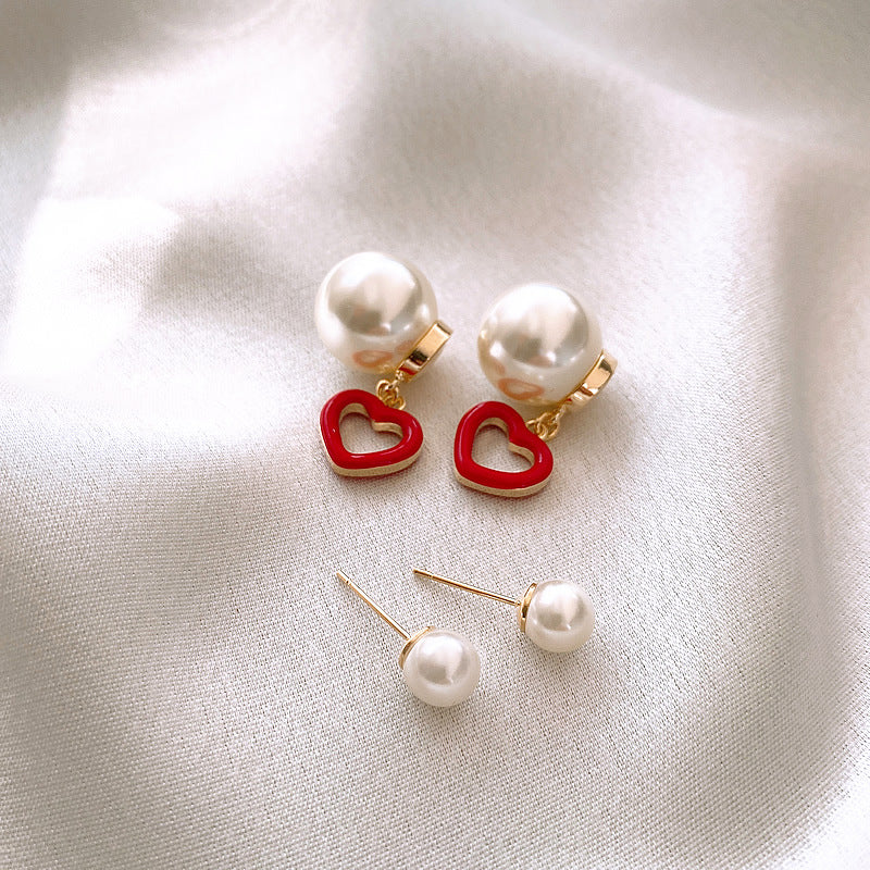 Red and Pearl Heart Ear Jackets, drop earrings for women, botanical inspired, detail close-up