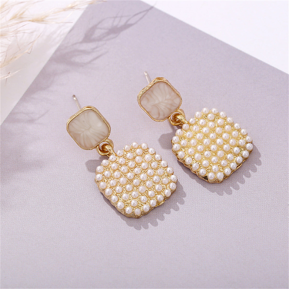 Pearl and Enamel 18K Gold-Plated Square Drop Earrings, gold drop earrings for women, dainty minimalist design, side view
