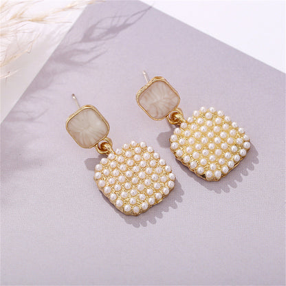 Pearl and Enamel 18K Gold-Plated Square Drop Earrings, gold drop earrings for women, dainty minimalist design, side view