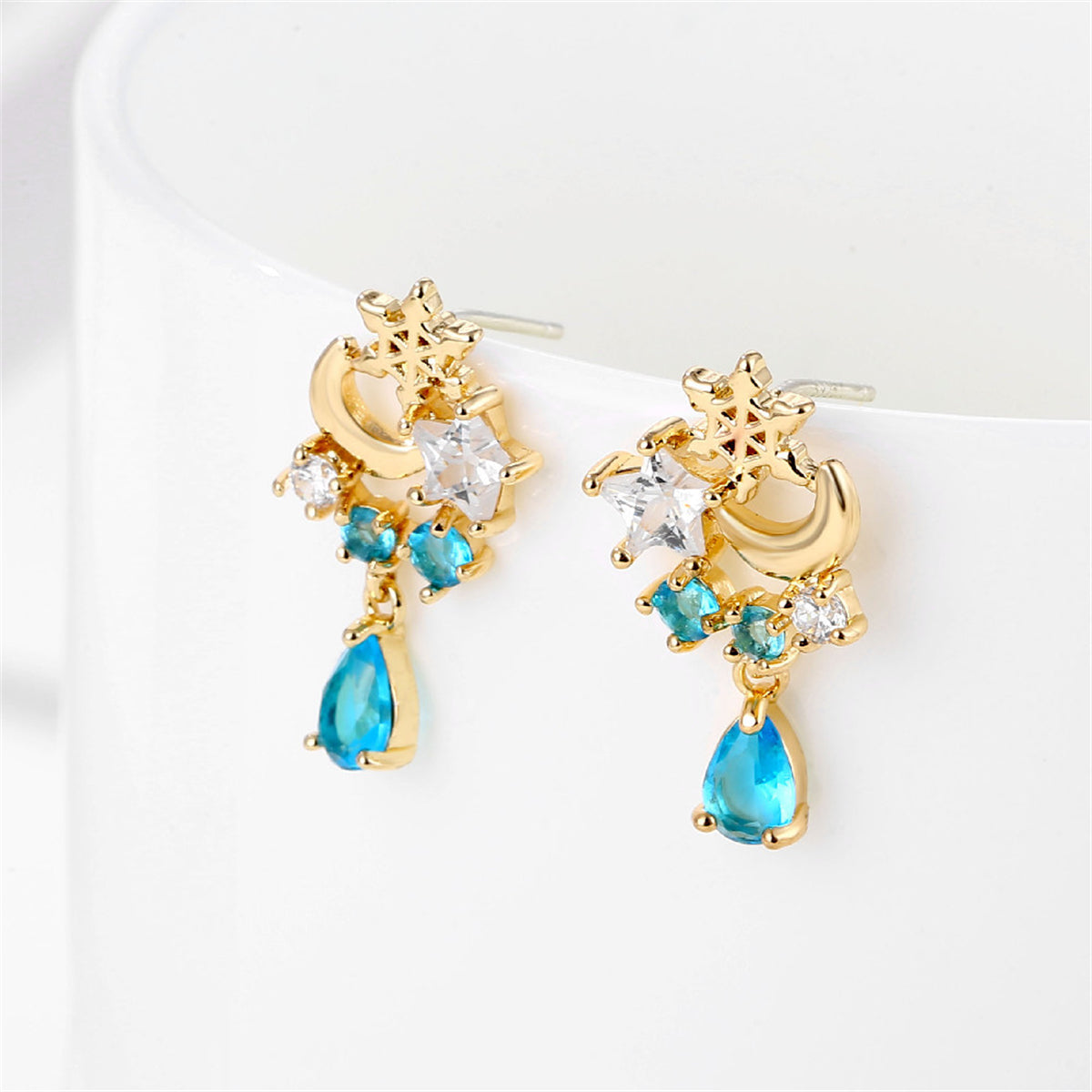 Blue Crystal & Cubic Zirconia 18K Gold-Plated Celestial Cluster Drop Earrings