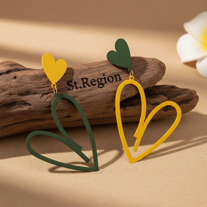 Yellow & Green Enamel Mismatching Heart Dangle Earring - Street Region