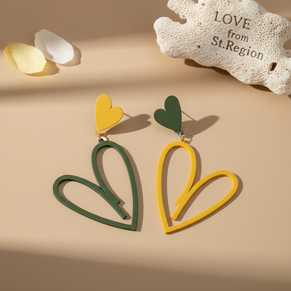Yellow & Green Enamel Mismatching Heart Dangle Earring - Street Region