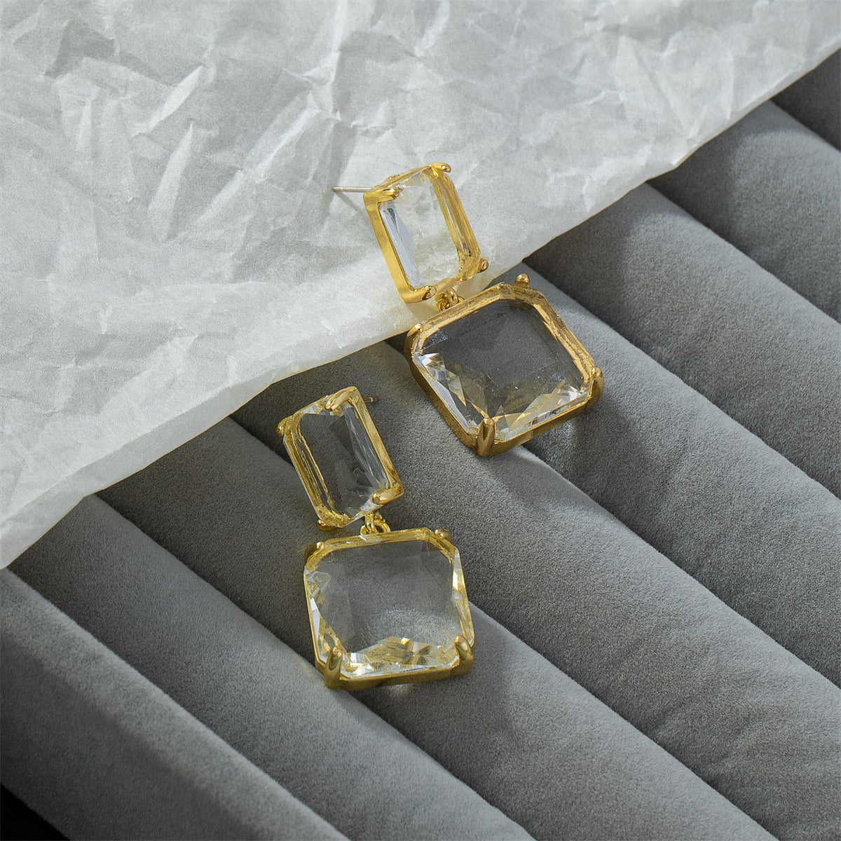 Crystal and 18K Gold-Plated Square Drop Earrings, gold drop earrings for women, botanical inspired, side view