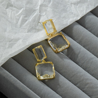 Crystal and 18K Gold-Plated Square Drop Earrings, gold drop earrings for women, botanical inspired, side view