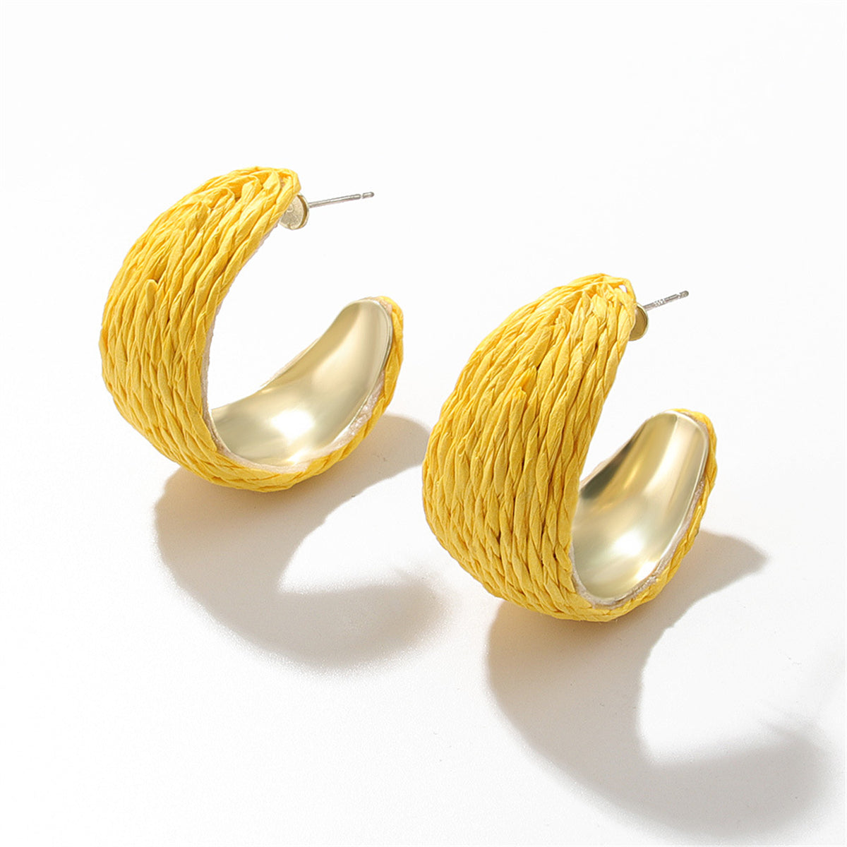 Yellow Raffia and 18K Gold-Plated Huggie Earrings, gold huggie earrings, elegant gift for her, side view