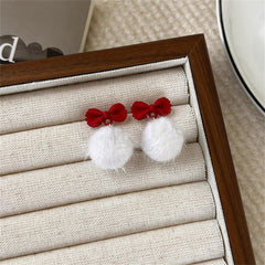 Red Enamel & White Pom-Pom Bow Drop Earrings
