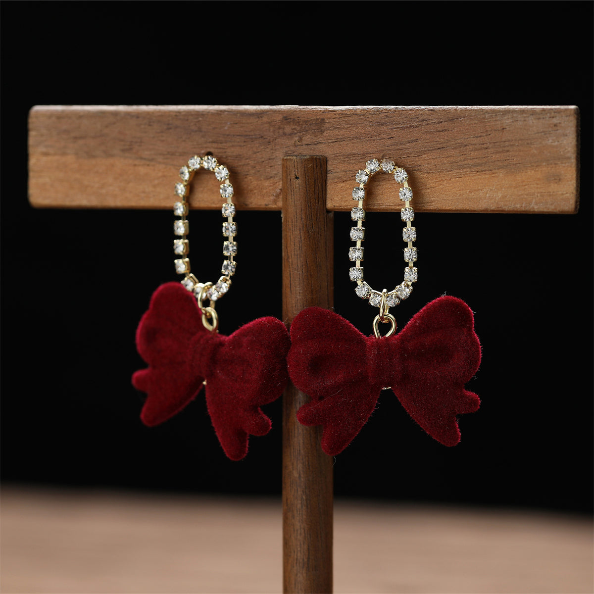 Cubic Zirconia & Wine Red Velvet 18K Gold-Plated Bow Drop Earrings