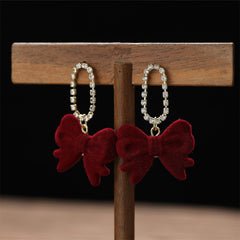Cubic Zirconia & Wine Red Velvet 18K Gold-Plated Bow Drop Earrings