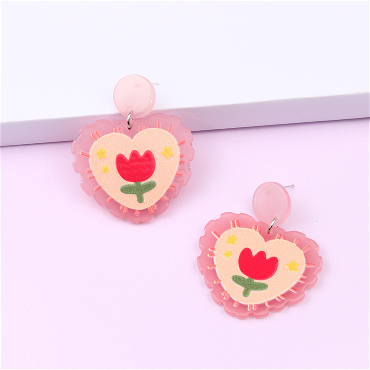 Pink Acrylic Tulip Heart Drop Earrings, drop earrings for women, elegant gift for her, side view