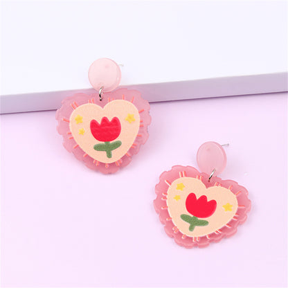 Pink Acrylic Tulip Heart Drop Earrings, drop earrings for women, elegant gift for her, side view