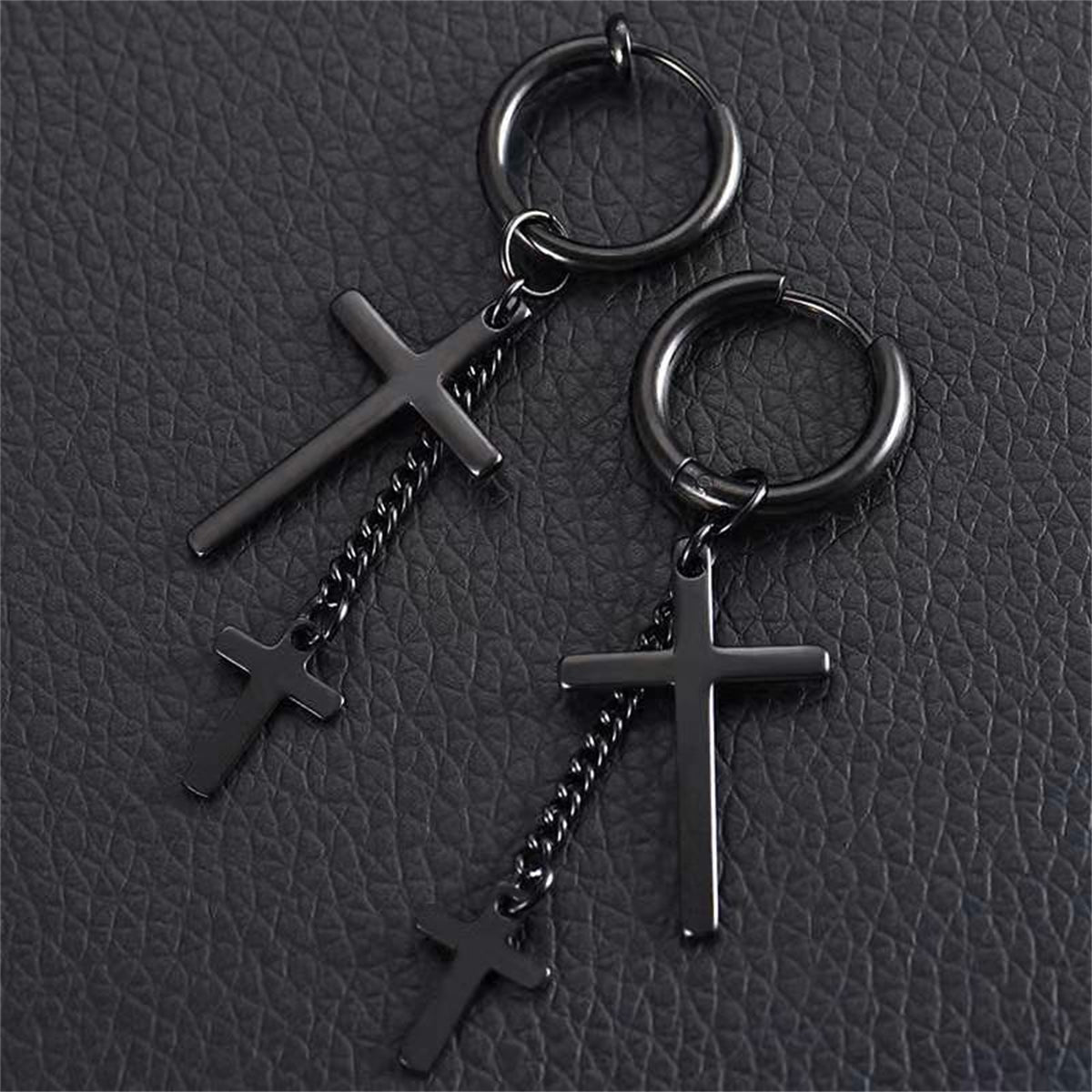 Black Chain Cross Huggie Earrings, huggie earrings, everyday style, detail close-up