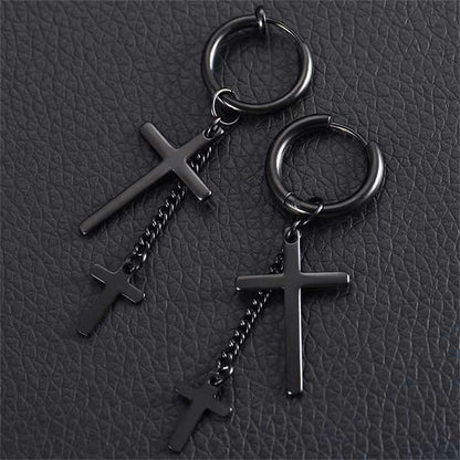 Black Chain Cross Huggie Earrings, huggie earrings, everyday style, detail close-up