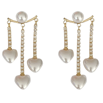 Cubic Zirconia and Pearl 18K Gold-Plated Heart Tassel Ear Jackets, gold drop earrings for women, front view