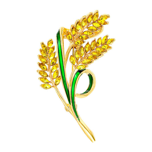 18K Gold-Plated Crystal and Green Enamel Wheat Brooch, gold brooch pin, dainty minimalist design, front view