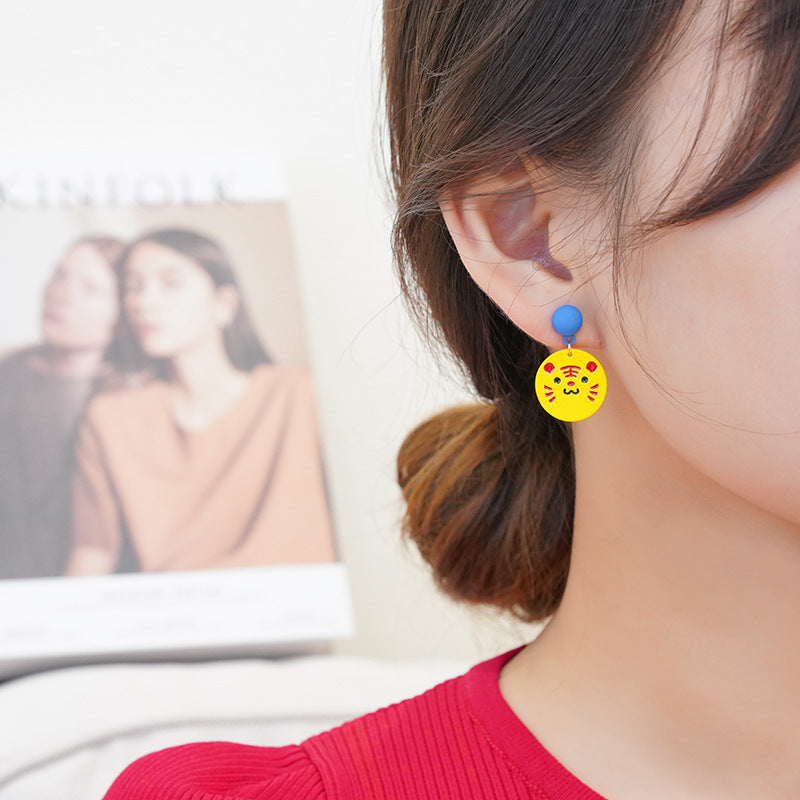 Silver-Plated and Yellow Enamel Tiger Dangle Earring, silver drop earrings for women, everyday style, front view