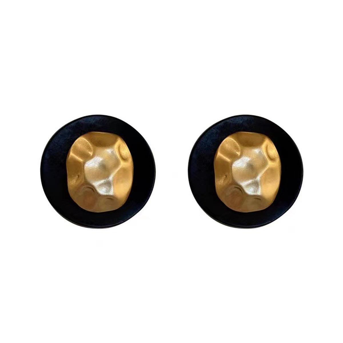Black Enamel and 18K Gold-Plated Hammered Round Stud Earrings, gold stud earrings for women, side view