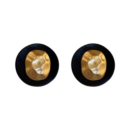 Black Enamel and 18K Gold-Plated Hammered Round Stud Earrings, gold stud earrings for women, side view