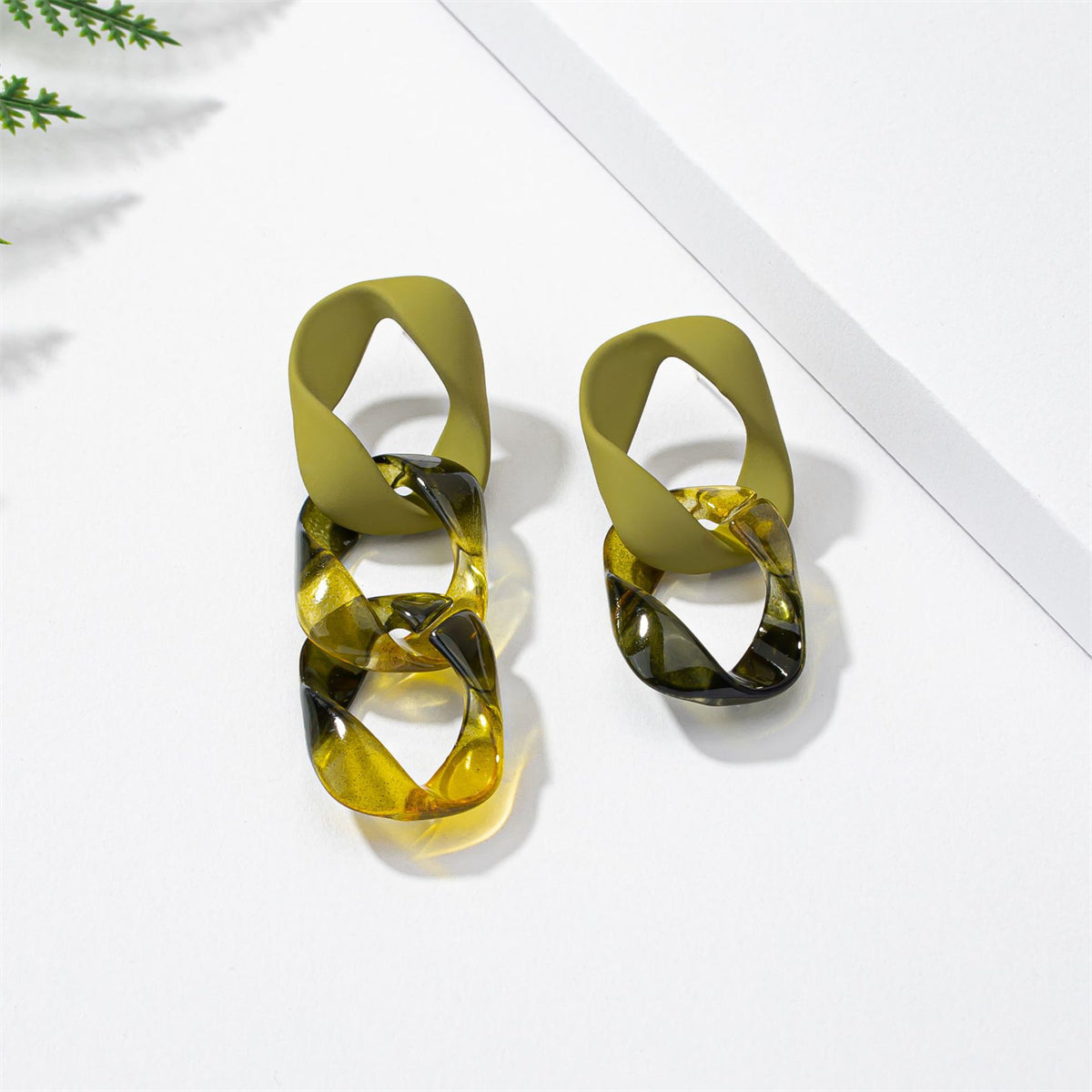 Green Acrylic and Silver-Plated Mismatched Chain Drop Earrings, silver drop earrings for women, styled look