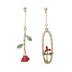 Red Enamel & Pearl 18K Gold-Plated Rose Mismatched Drop Earrings