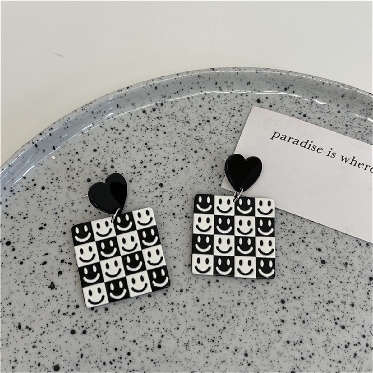 Black & White Heart Smiley Square Drop Earrings