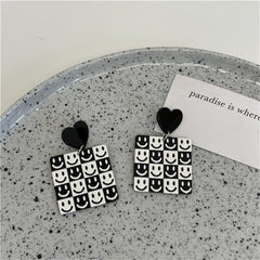 Black & White Heart Smiley Square Drop Earrings