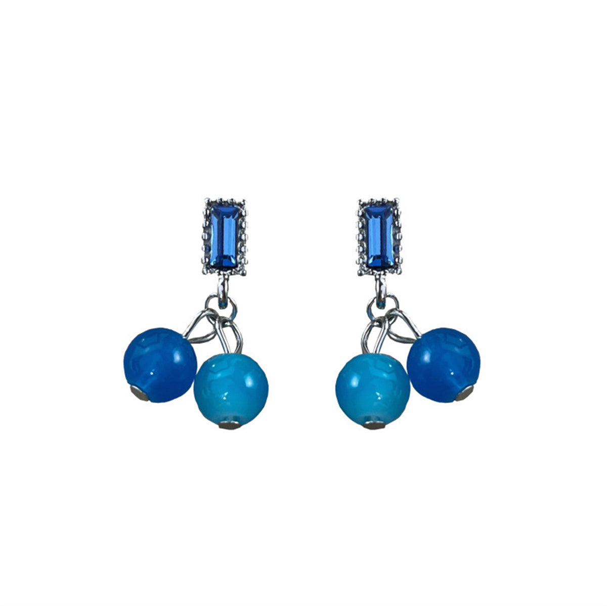 Blue Crystal and Sky Blue Bead Baguette Drop Earrings, drop earrings for women, dainty minimalist design, detail close-up