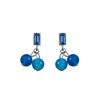 Blue Crystal and Sky Blue Bead Baguette Drop Earrings, drop earrings for women, dainty minimalist design, detail close-up