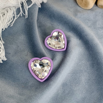 Purple and Crystal Heart Stud Earrings, stud earrings for women, botanical inspired, detail close-up