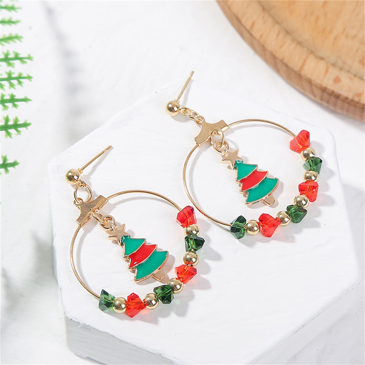 Red Enamel and Acrylic 18K Gold-Plated Christmas Tree Drop Earrings, gold drop earrings for women, everyday style, side view