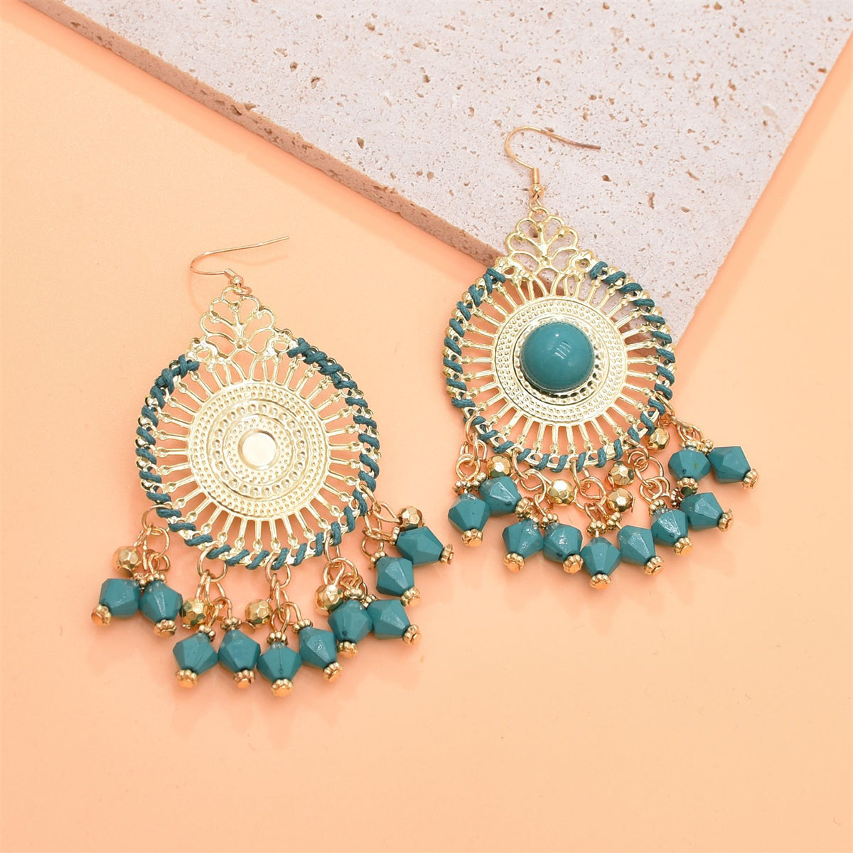 Green Acrylic and Enamel 18K Gold-Plated Openwork Round Drop Earrings, gold drop earrings for women, styled look