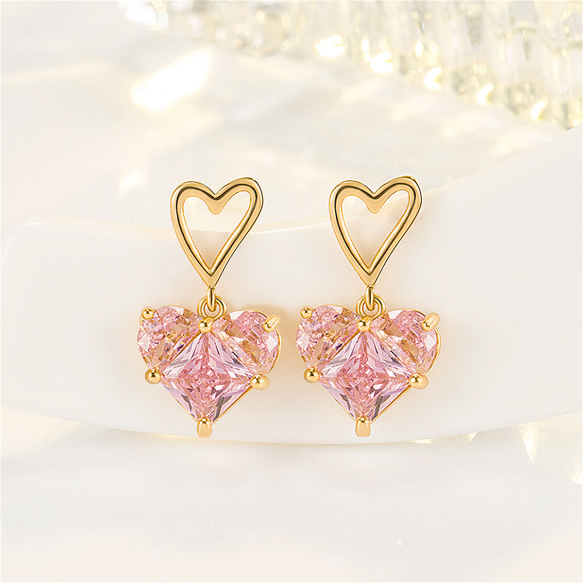 Crystal & 18K Gold-Plated Openwork Heart Drop Earrings