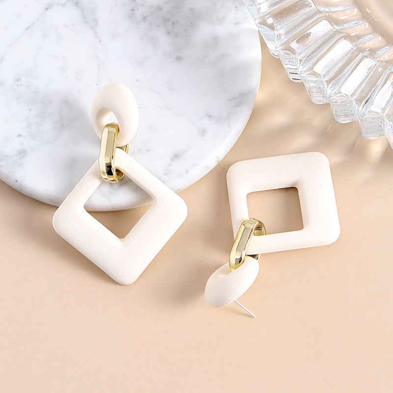 Beige Enamel & 18K Gold-Plated Open Rhombus Drop Earrings